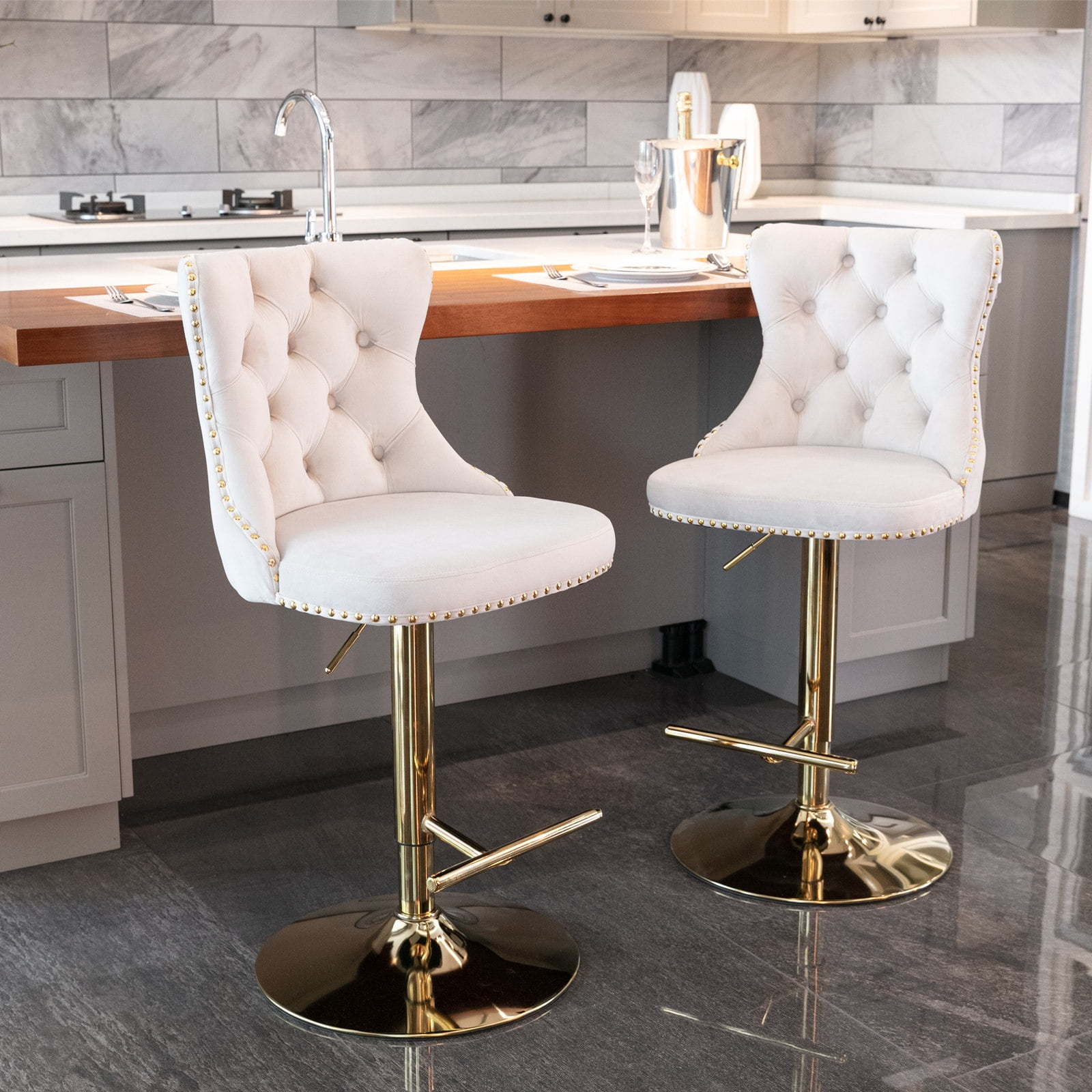 Swivel Bar Stools Set of 2, PAPROOS 25-33''Adjustable Height Bar Stool with Back, Velvet Upholstered Counter & Bar Height Bar Stool with Button Tufted & Nail Trim, Kitchen Island Chair, Beige & Gold