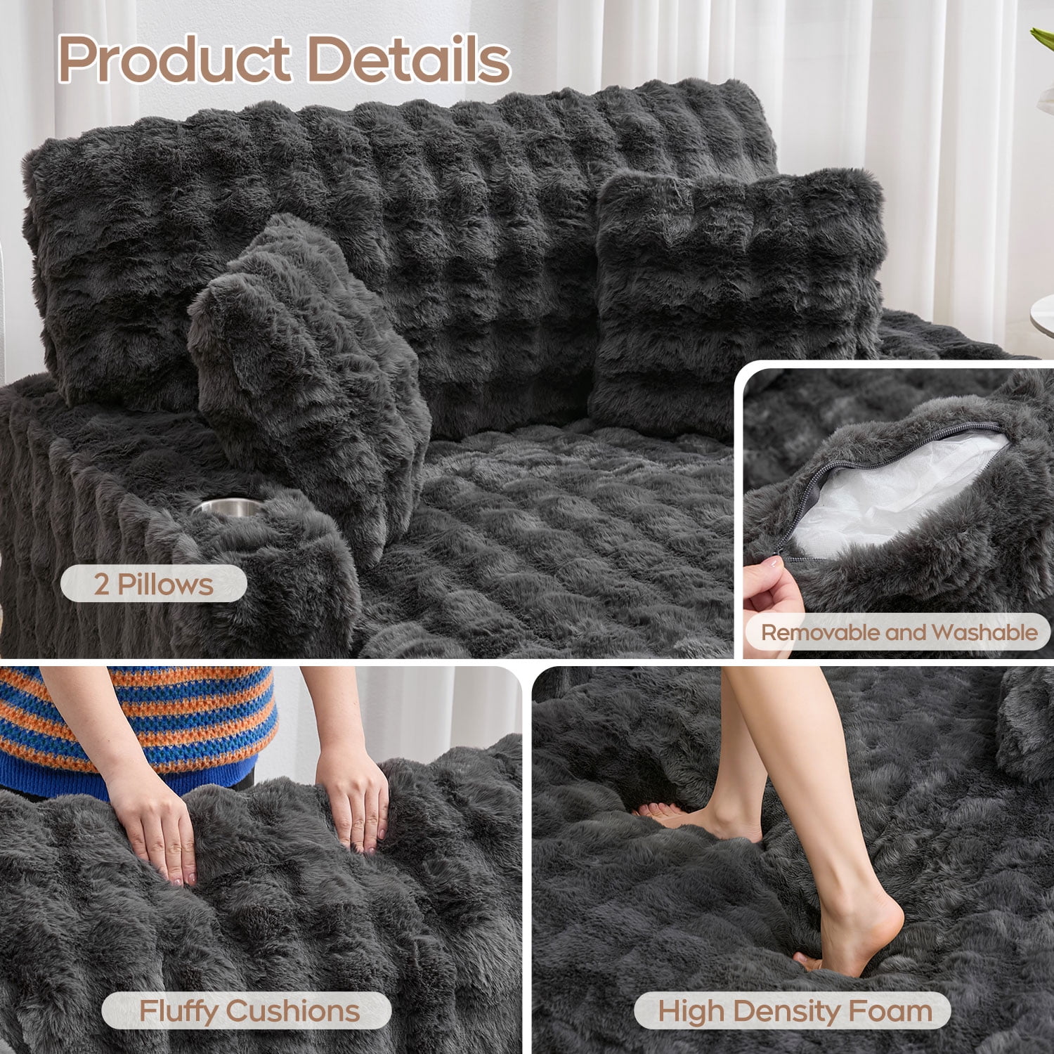 Faux Fur Oversized and Upholstered Chaise Lounge Loveseat Sleeper Sofa with Wood Frame and 2 Pillows, Gray