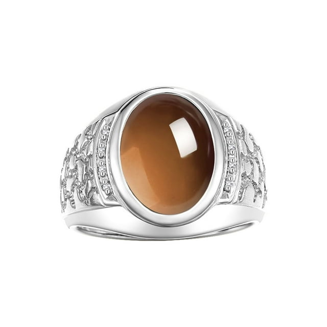 RYLOS Men's Rings Sterling Silver Nugget Ring with Cabochon Gemstone & Diamonds Smoky Quartz Rings For Men Size 9