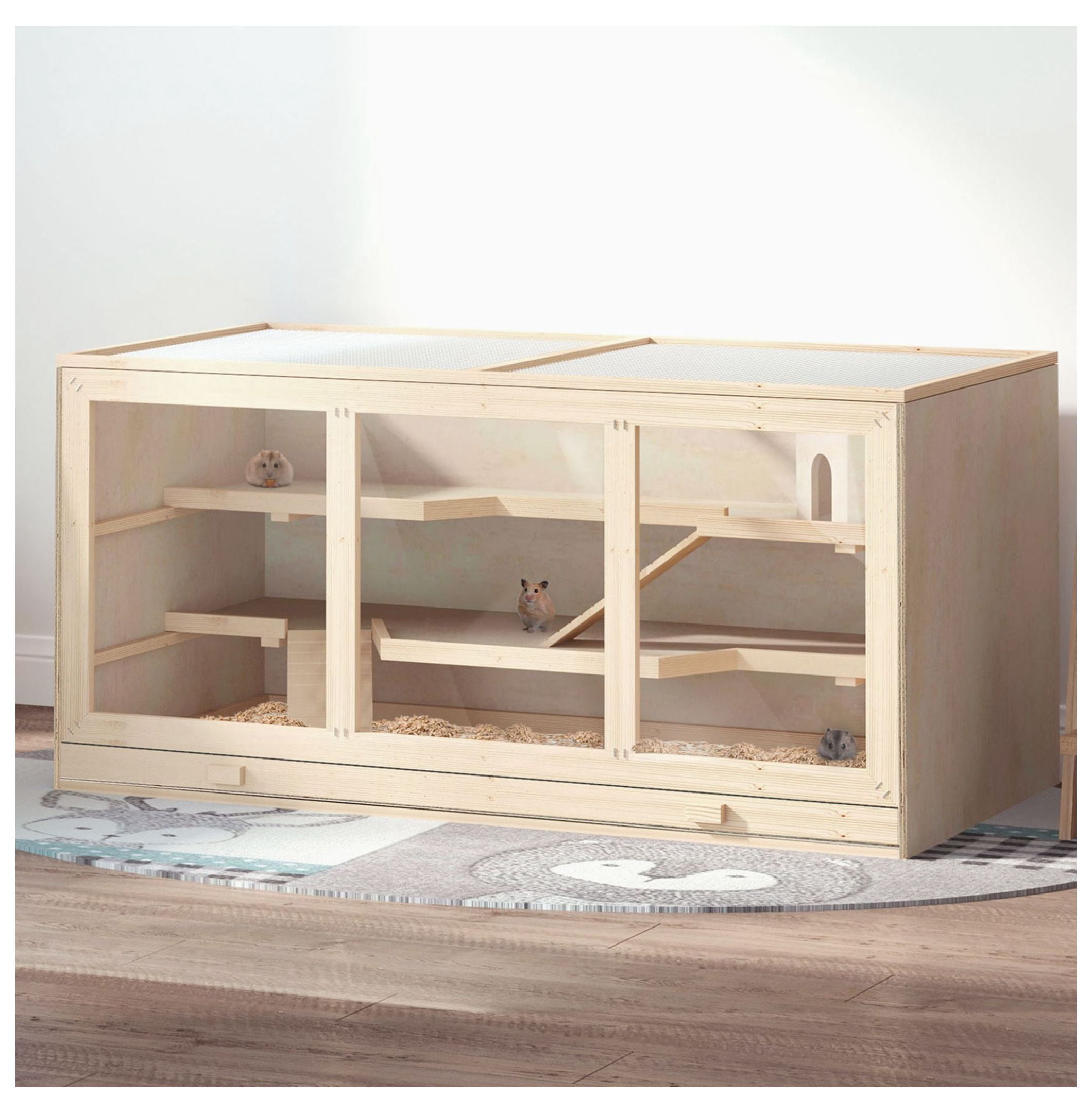 Hamster Cage 3 Tiers Wooden Big Mice Rat Exercise Play House Pen Opening Roof Ramps