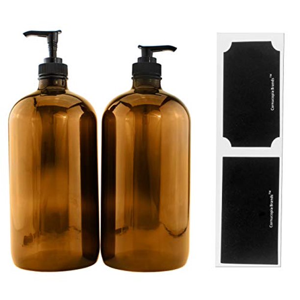32Ounce Amber Glass Lotion Pump Bottles (2Pack); Quart Size Brown