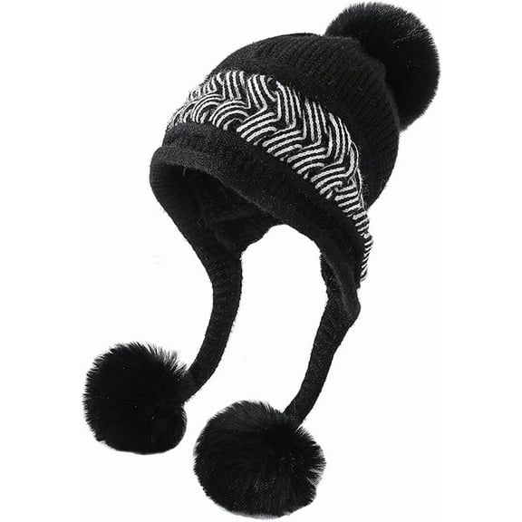 AKcxy Womens Winter Warm Beanie Knit Fur Lining Ear Flaps Cozy Cap Pompom Hat