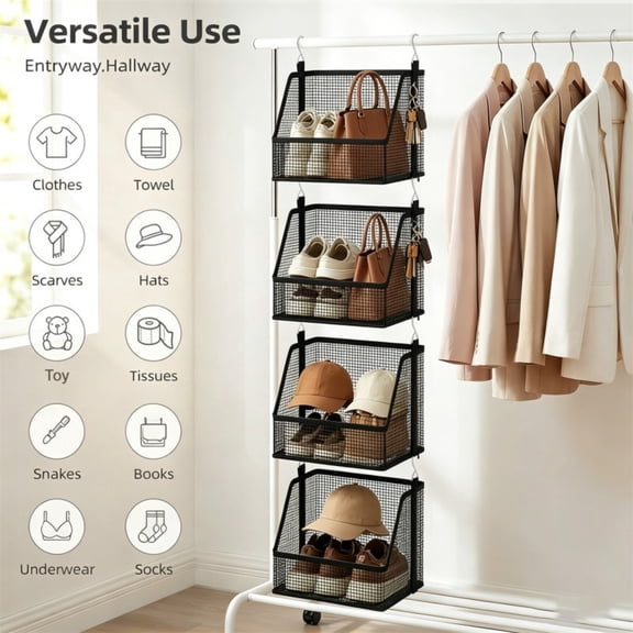 1 Pc Stackable Hanging Storage Baskets, Black Woven Mesh Closet Organizer
