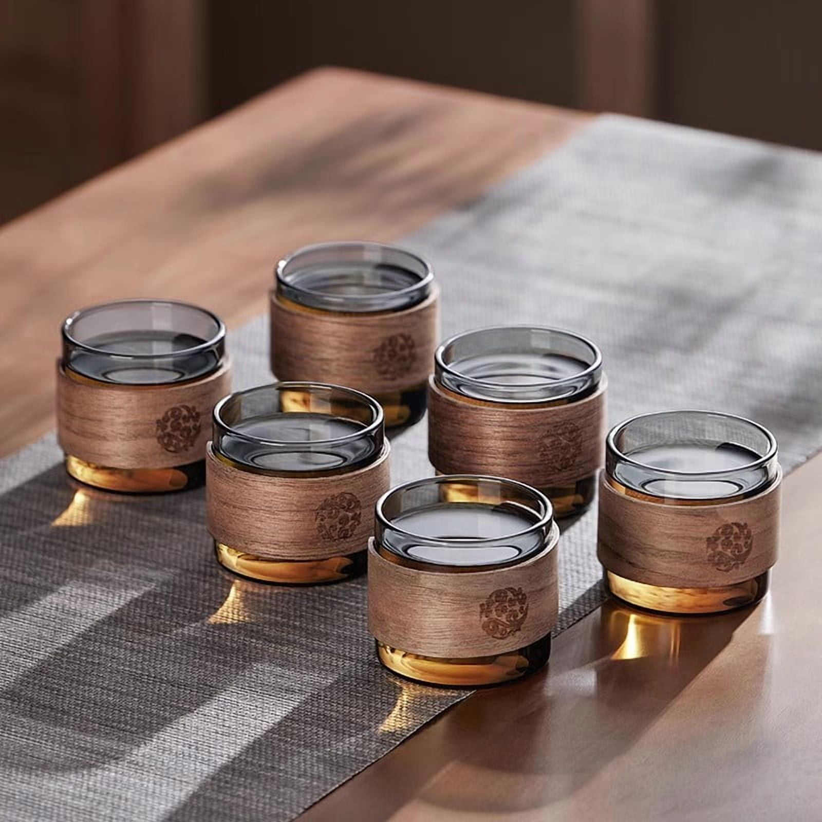 6pcs Heat-resistant Glass Tea Cup Set Of 150ml Home Coffee Espresso Mug With Scald Proof Wooden Holder Kungfu Tea Master Set