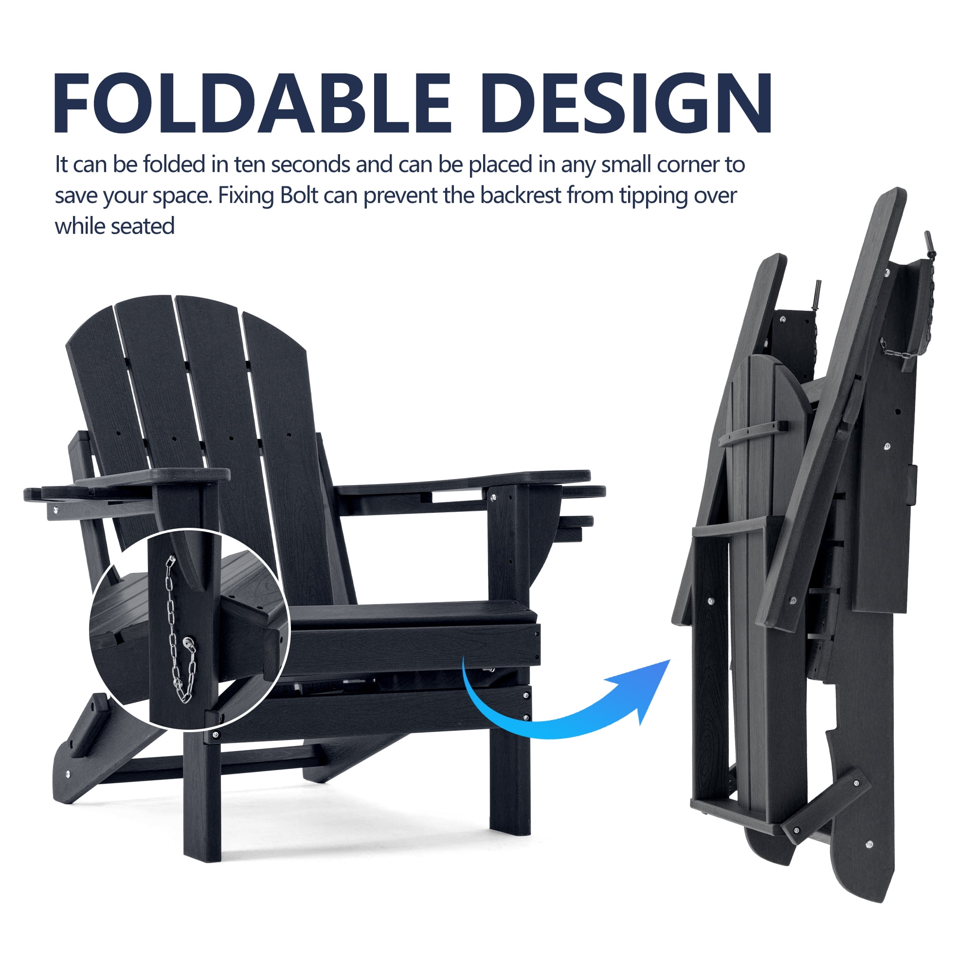 ENYLAY Folding Adirondack Chair with Dual Cup Holders & Phone Holder, All-Weather HDPE Fire Pit Chairs for Outdoor, Patio, Poolside, Garden(Black,Set of 2)