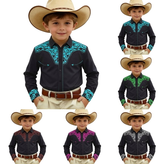 CAIXIA Kid Toddler Boys Cowboy Shirts Western Retro Button-Down Shirt Rodeo Party Long Sleeve Tops with Pockets Clothes