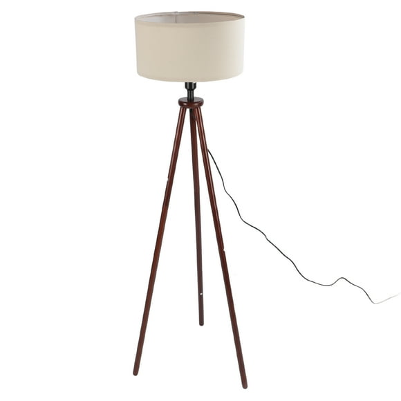 Wood Tripod Floor Lamp, Mid Century Flax Lampshade Modern Foot Pedal Switch Standing Lamp for Living Room Bedroom