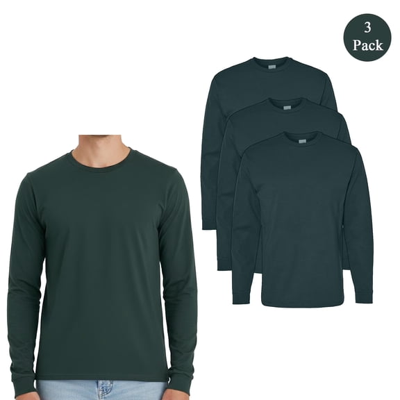 Hanes 3 Pack Essential Long Sleeve T-Shirt, Men's Crewneck Classic Athletic Dark Green Tee, M