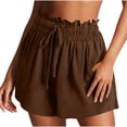thumbnail image 2 of Women's Denim Shorts Womens Casual Solid Side Pockets Pants Shorts Elastic Waist Pockets Daily High Waist Shorts,Brown Women's Shorts L, 2 of 7