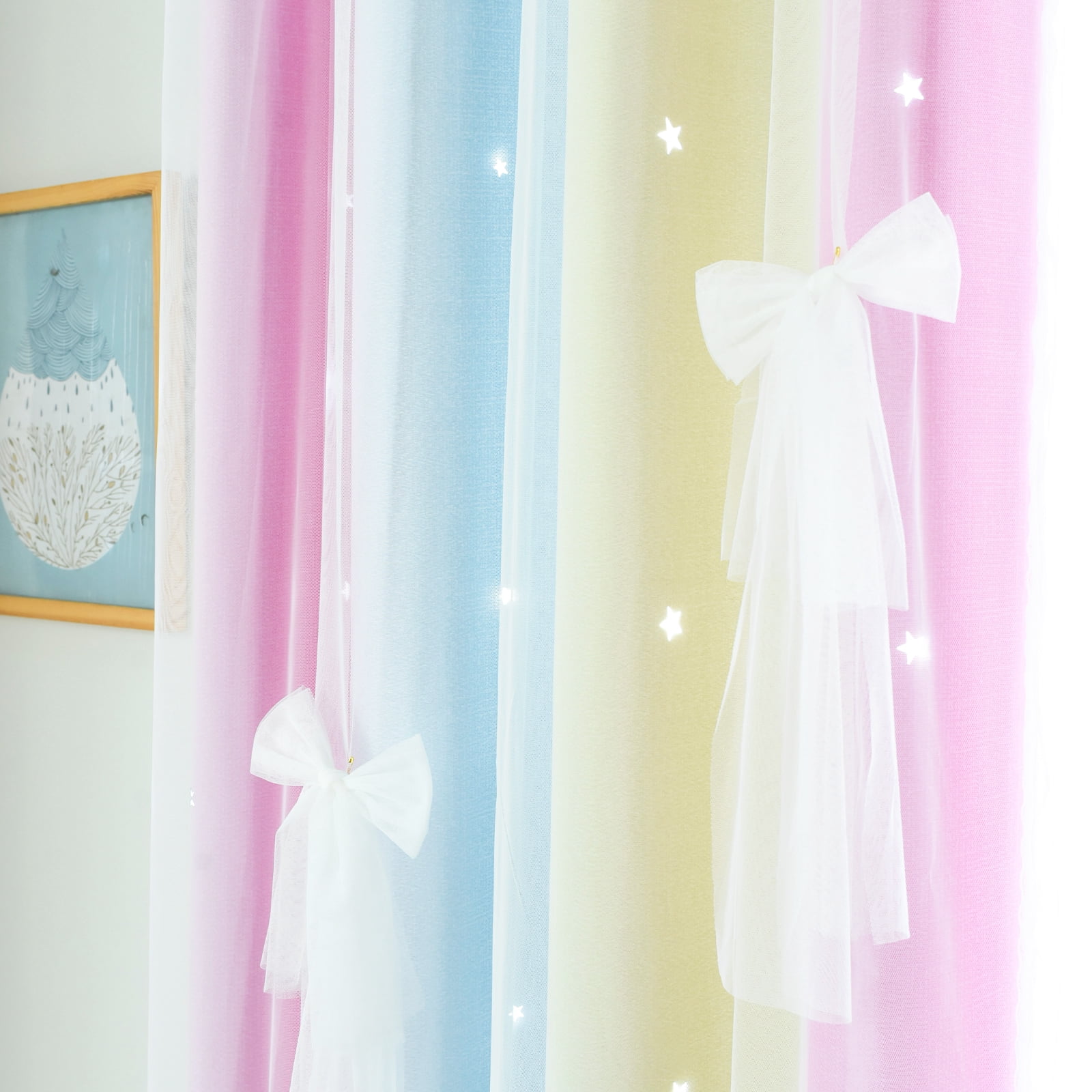 Psoiuetr Blackout Gradient Ombre Curtains for Kids Girls Bedroom Living Room Decor Rainbow Double Layers Star Cut Out Stripe Pink Yellow Grommet Window Curtains,52"x63",1 Panel