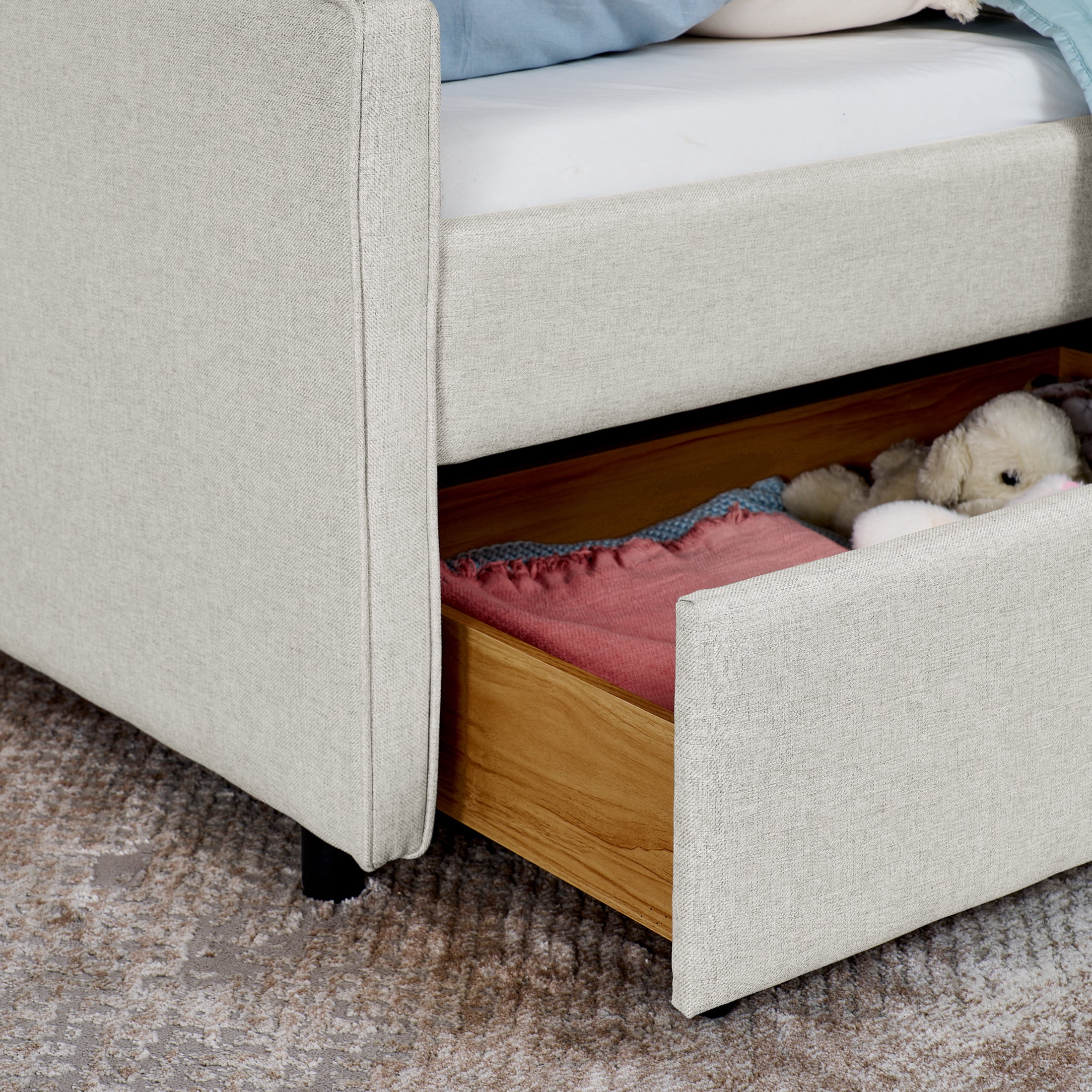 Noble House Zerra Twin Size Upholstery Sofa Bed, Linen  Padded Daybed Frame with LED Lights Headboard & Drawer, Beige