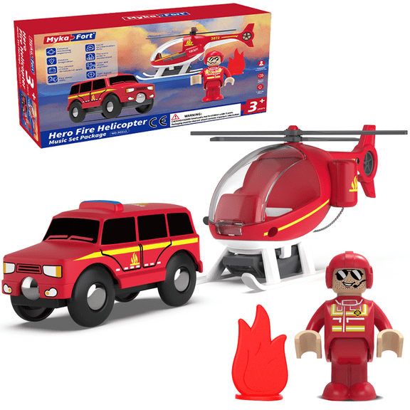 HYPERLIVING Wooden Train Cars Track Accessories Set Plane Toy with Light and Sound for Train Toys for 3-5-7 Boys Girls Years Old(Firefighting Helicopter（with Light and Sound）)