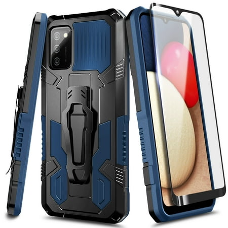 Nagebee Phone Case for Samsung Galaxy A02S with Tempered Glass Screen Protector (Full Coverage), Belt Clip [Built-in Kickstand], Dual Layer Full Body Shockproof Protective Rugged Defender Case (Blue)