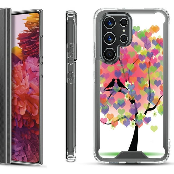 Shockproof Bumper Phone Case for Samsung Galaxy S22 Ultra 5G, by OneToughShield ® - Color Hearts Tree