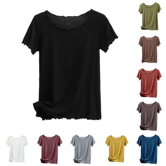 DHFJKG Basic Tees For Women Summer Ribbed Lettuce Trim Short Sleeve T Shirt Casual Loose Fit Crew Neck Tee Trendy Tops