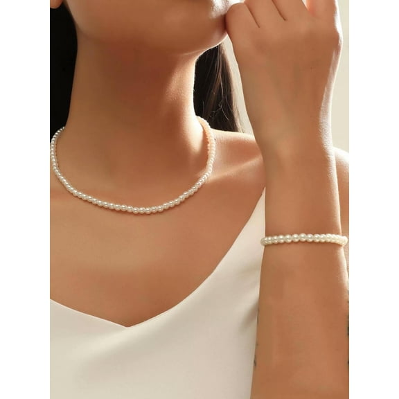 QQTDFG Faux Pearl Decor Beaded Necklace & Bracelet Jewelry Set Jewelry Gift for Women-default