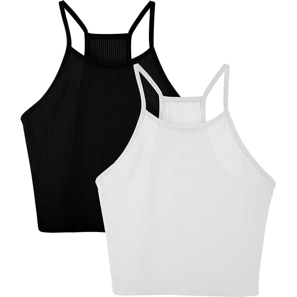 Women's Tejido Acanalado a Rayas básico sin Mangas Sexy con Tiras Cami Crop Top Paquete de 2 A-negro+blanco G Paquete de 2 A-negro+blanco G Xishao ropa