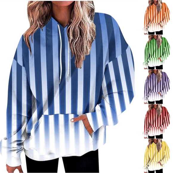 UVEASISHA Chandails à Manches Longues pour Femmes Grande Taille Rayés Dégradés à Capuche avec Cordon de Serrage Décontracté Ample Surdimensionné avec Poche Vêtements de Mode Automne 2025 en Liquidation, Bleu, m