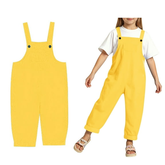 Girls Sleeveless Jumpsuit Yellow Overalls with Side Pockets Toddler Girl Summer Outfits Girl Clothes 9-10 Years Girls Fashion