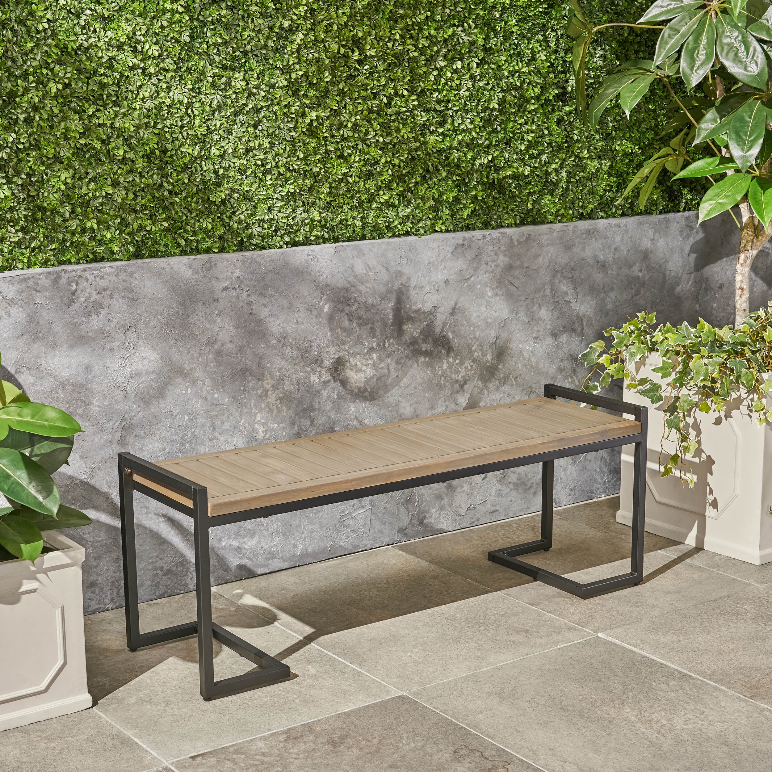 Outdoor Industrial Style Leisure Bench, Wood and Metal Combined Rest Seat for Patio Garden, Gray and Black