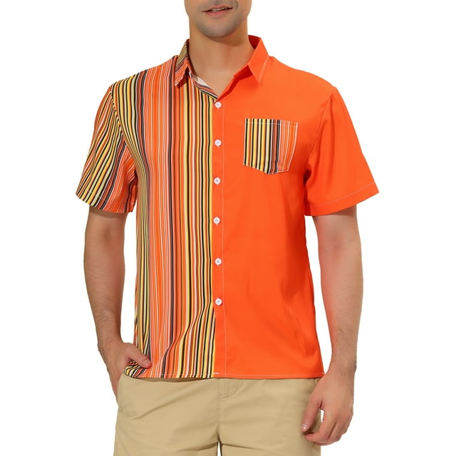 INSPIRE CHIC Men's Shirts Short Sleeve Summer Cotton Patchwork Button Down Shirts M Yellow Orange