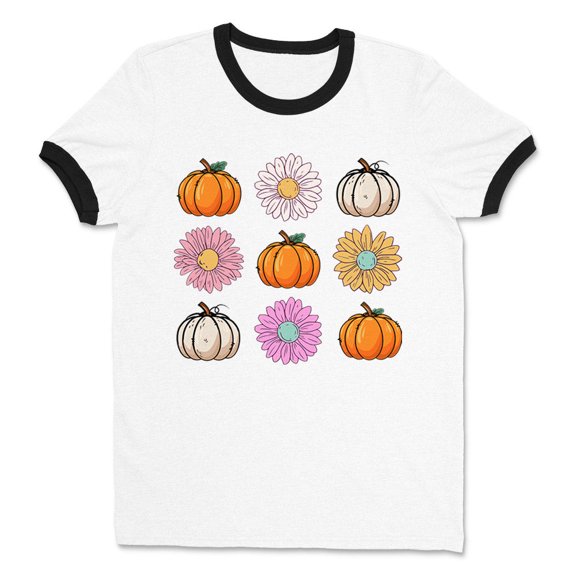 Fall Pumpkins and Flowers Ringer Tee Shirt Unisex Large White/Black