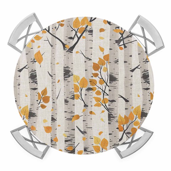 Yellow Botanical Round Tablecloth for 55-60 Inch Tables,Fitted Table Cover with Elastic Edge,Watercolor Tree Black Modern Retro Waterproof Outdoor Table Cloth Protector for Patio Garden Dinner Picnic