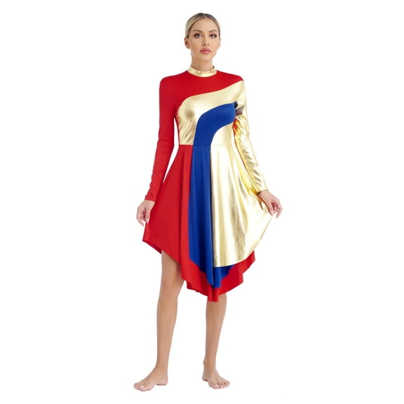 YiZYiF Women Metallic Color Block Praise Worship Dance Dress Irregular Hem Lyrical Liturgical Dancewear Red L