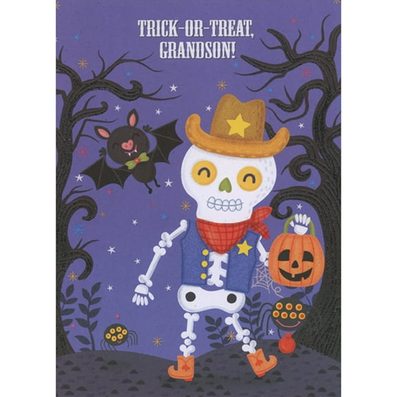 Designer Greetings Cute Skeleton in Cowboy Hat and Boots Between Black Trees Halloween Card for Young Grandson