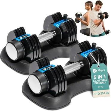 LifePro PowerFlow Plus Adjustable Dumbbell Set - 5in1, 25 lb Each, Home Workout Equipment, 2 Pack with Rack