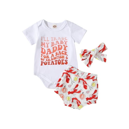 

Wassery Baby Girls 3Pcs Summer Clothes Father s Day Short Sleeve Letter Print Romper+ Crawfish Pants + Headband Set