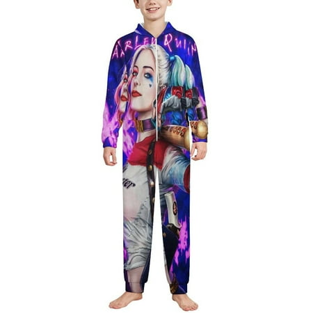 Kids Harley Quinn Onesie Pajamas Zip Up One Piece Sleepwear Fleece Hooded Jumpsuits