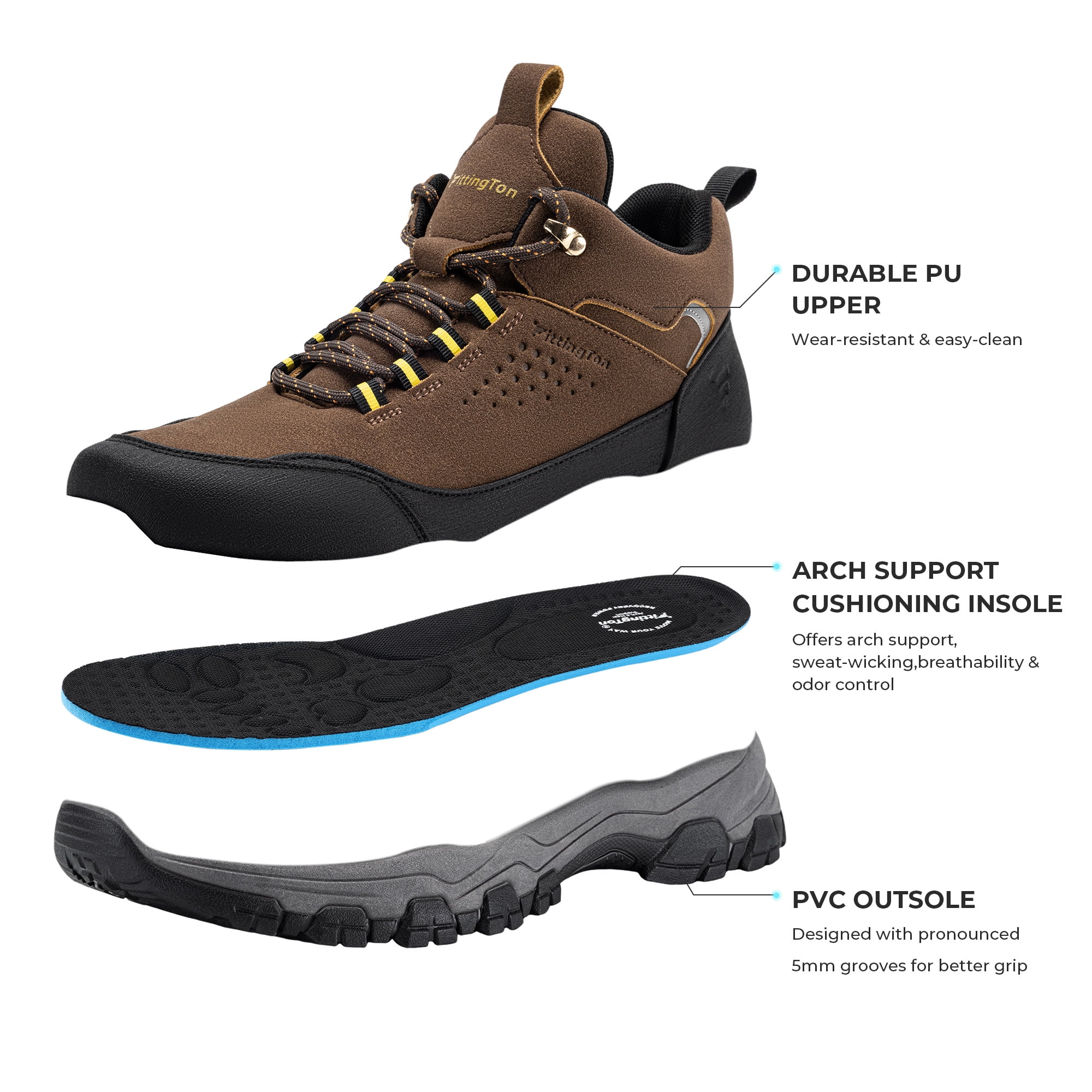 Fittington Men's Walking Hiking Shoes Outdoor Trekking Athletic shoes Arch Support | Reflective Safety Feature | Dark Brown/Gray