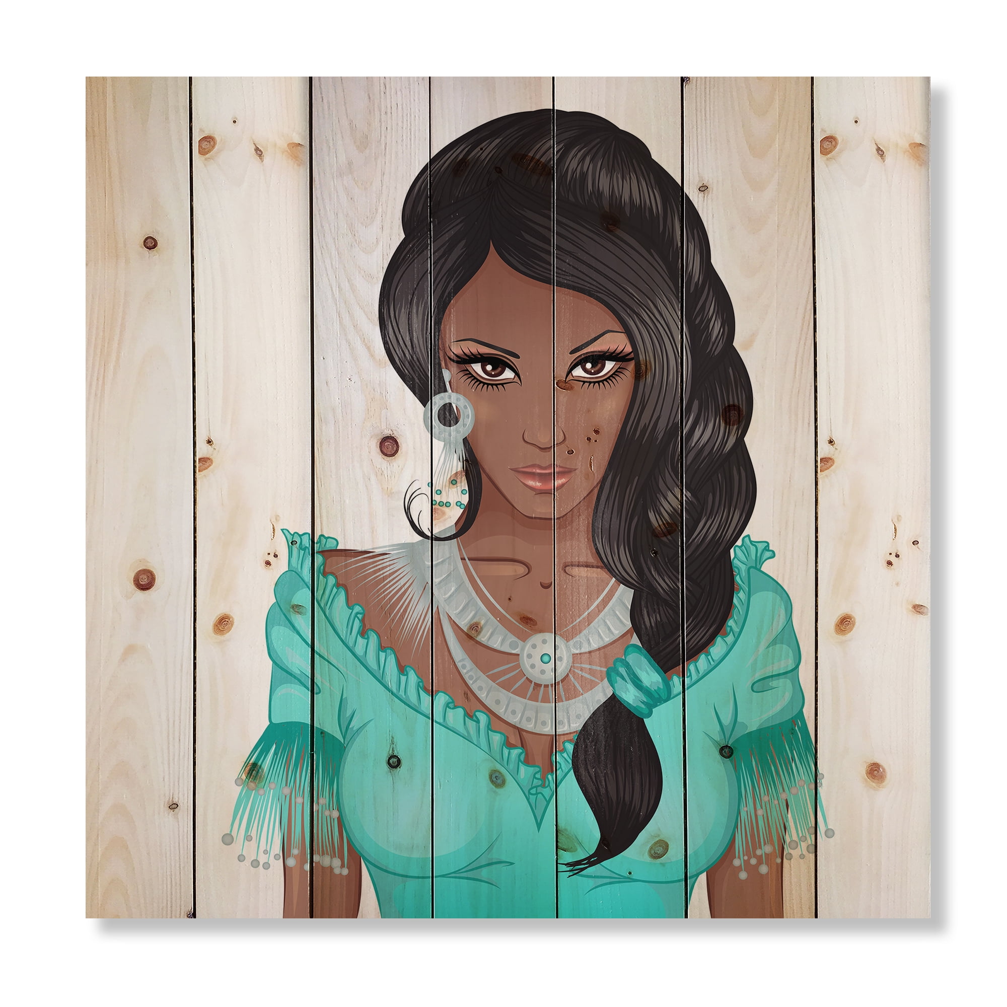 Designart 'Portrait Of Afro American Woman XVI' Modern Print on Natural Pine Wood