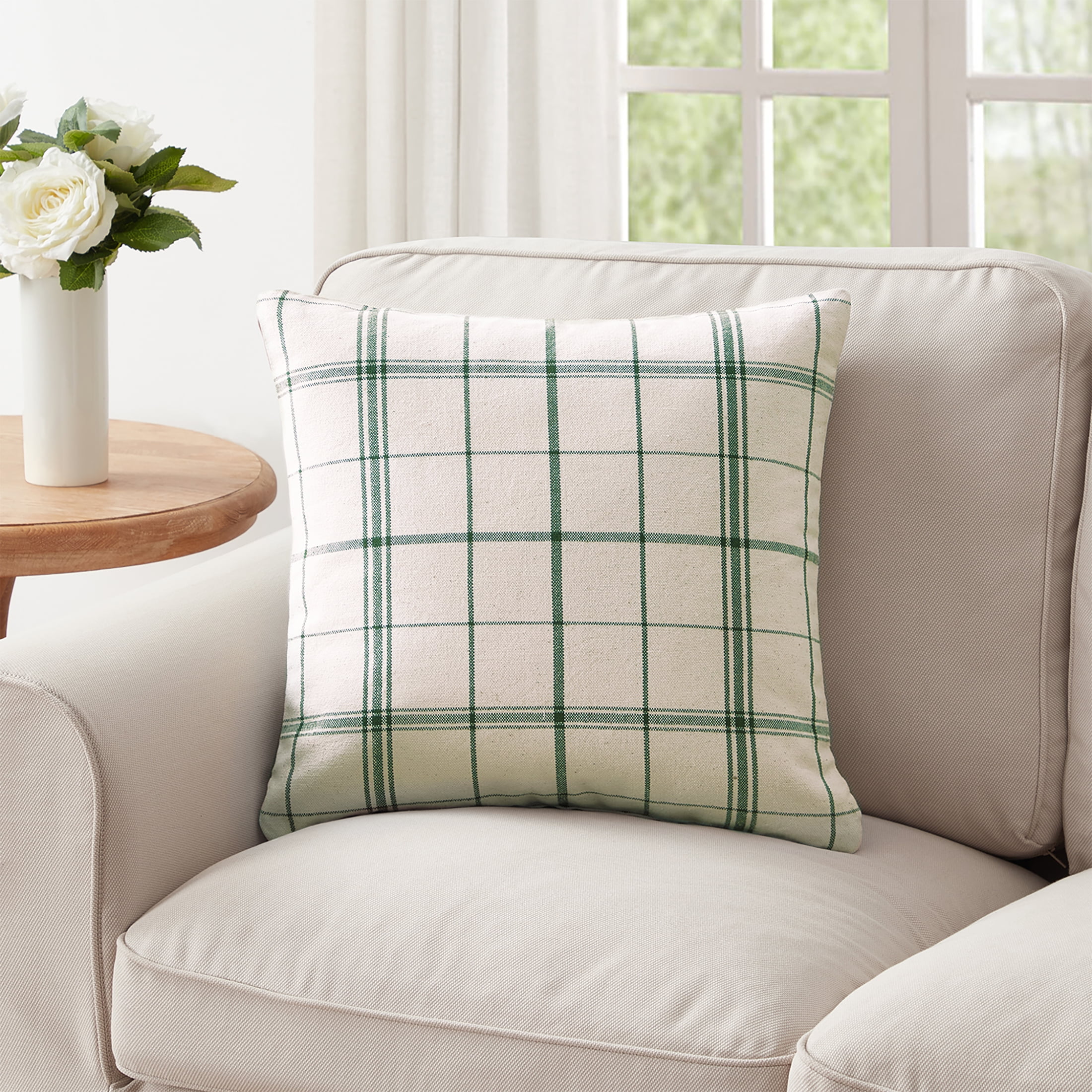 My Texas House Stafford Woven Reversible Plaid Stripe Decorative Pillow Cover, 20" x 20", Ivory/Green