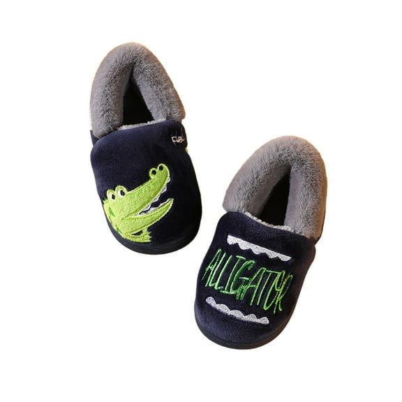 Tfken Teen Unisex Kid Slippers Closed Toe Dinosaur Print Closed-Heel Winter Comfortable Dark Blue House Shoes Size 12-18 Months