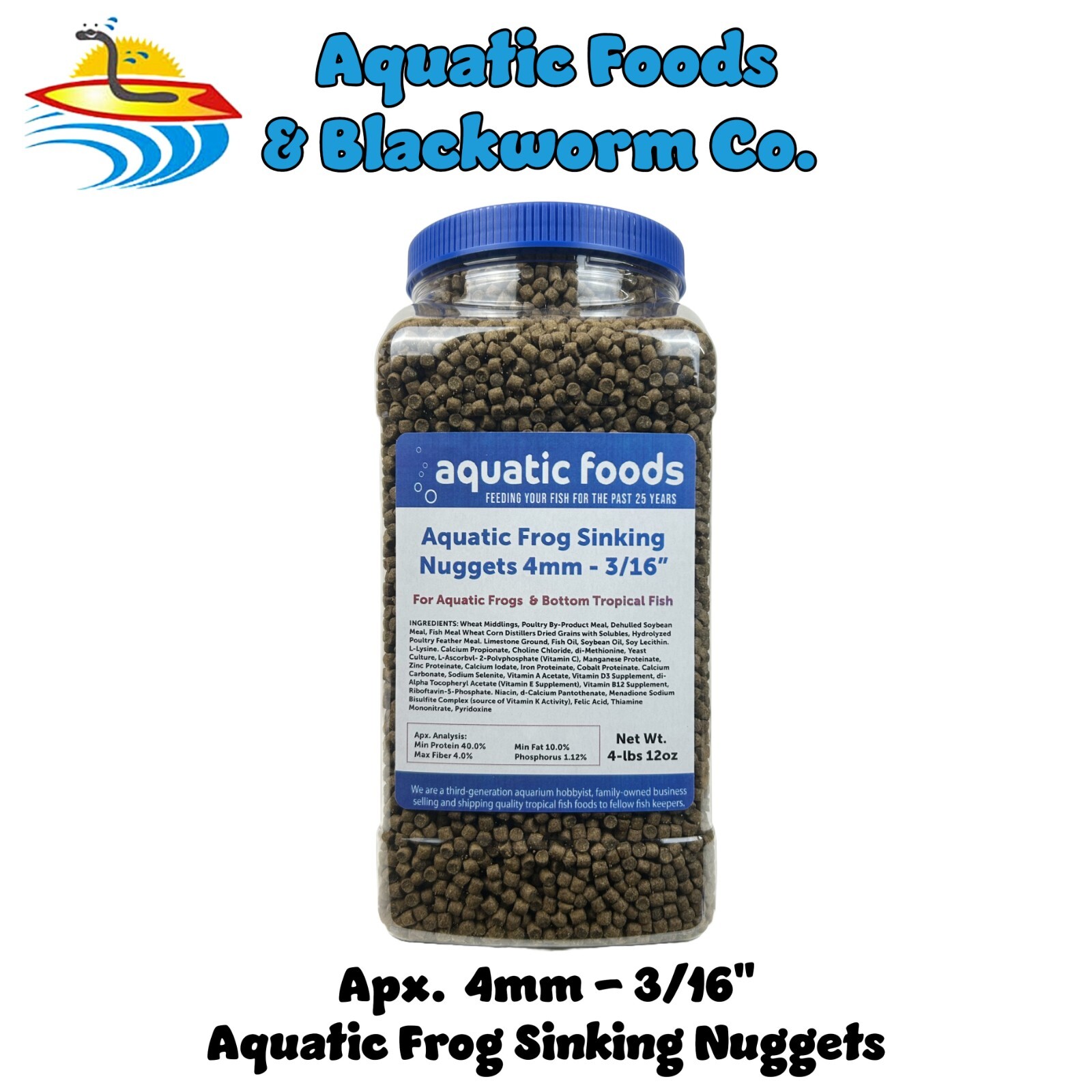 Aquatic Frog, 4mm-3/16" Sinking 40% Protein Nuggets for Aquatic Frogs, Axolotl, Salamanders, Snails, All Bottom Tropical Fish 4-lbs 12oz Jar