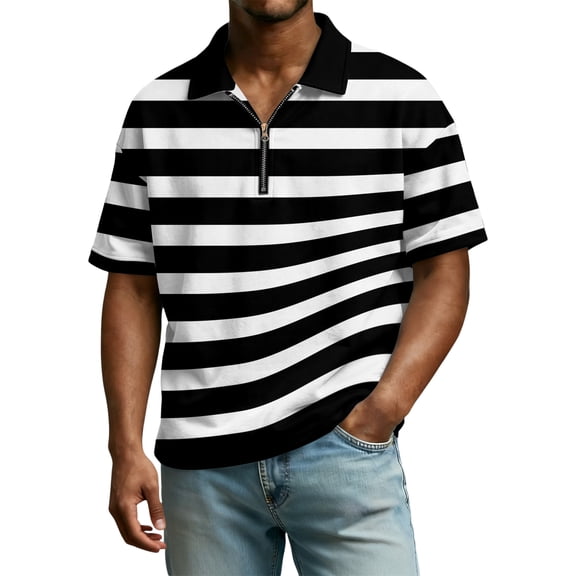 Mens Polo Shirts Casual Quarter Zipper Striped Golf Shirt Regular Fit Short Sleeve T Shirt Classic Work Zipper Neck Tops OIOLOYJM Black M