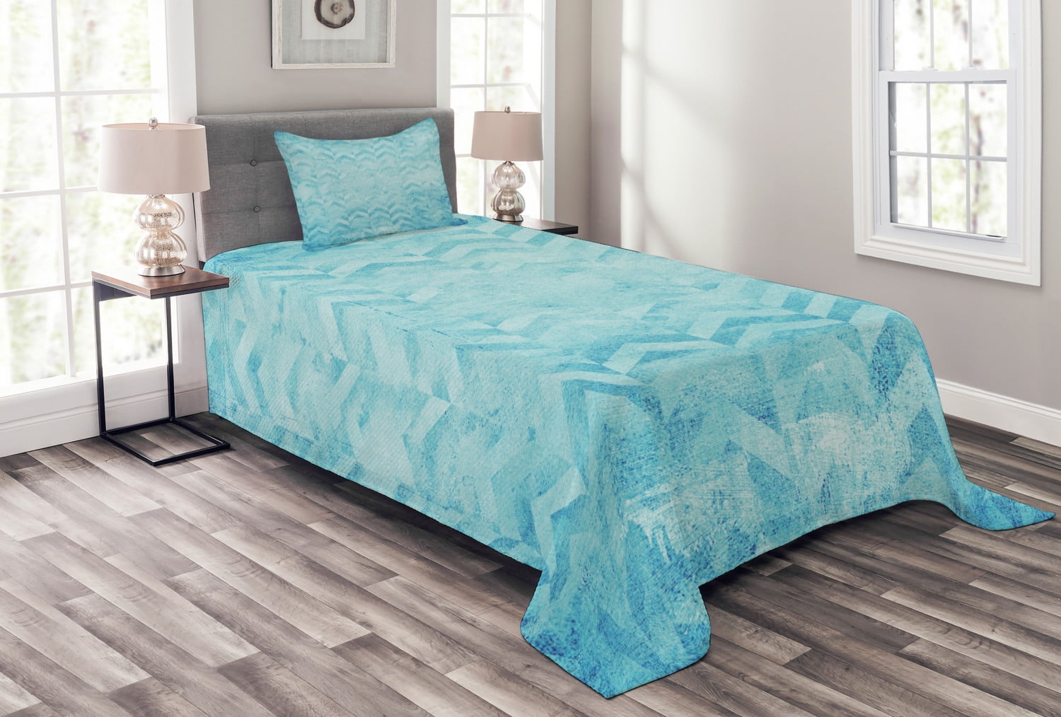 Turquoise Bedspread Set Twin Size, Geometric Design Chevron Patterns on Old Vintage Paper