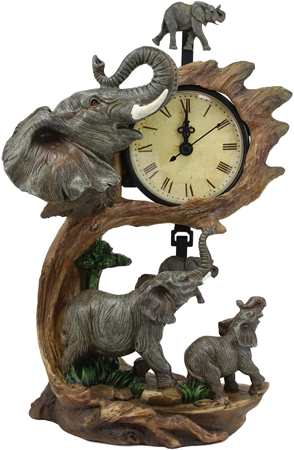 Ebros Elephant Father and Calf Family Table Clock with Pendulum 10.5' Height
