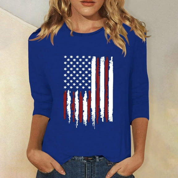 Women Shirts Women'S 3/4 Sleeve Patriotic Top - Breathable Summer Shirt With Vintage Flag & Star Print,Blue Women Shirts L