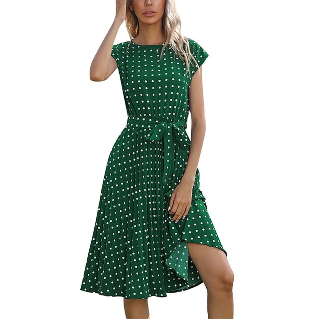 WILLBEST Vestido Largo Informal Fluido con Cinturón y Estampado de Lunares para Mujer, Ideal para Vacaciones Diarias, Primavera, Verano y Otoño. Chica