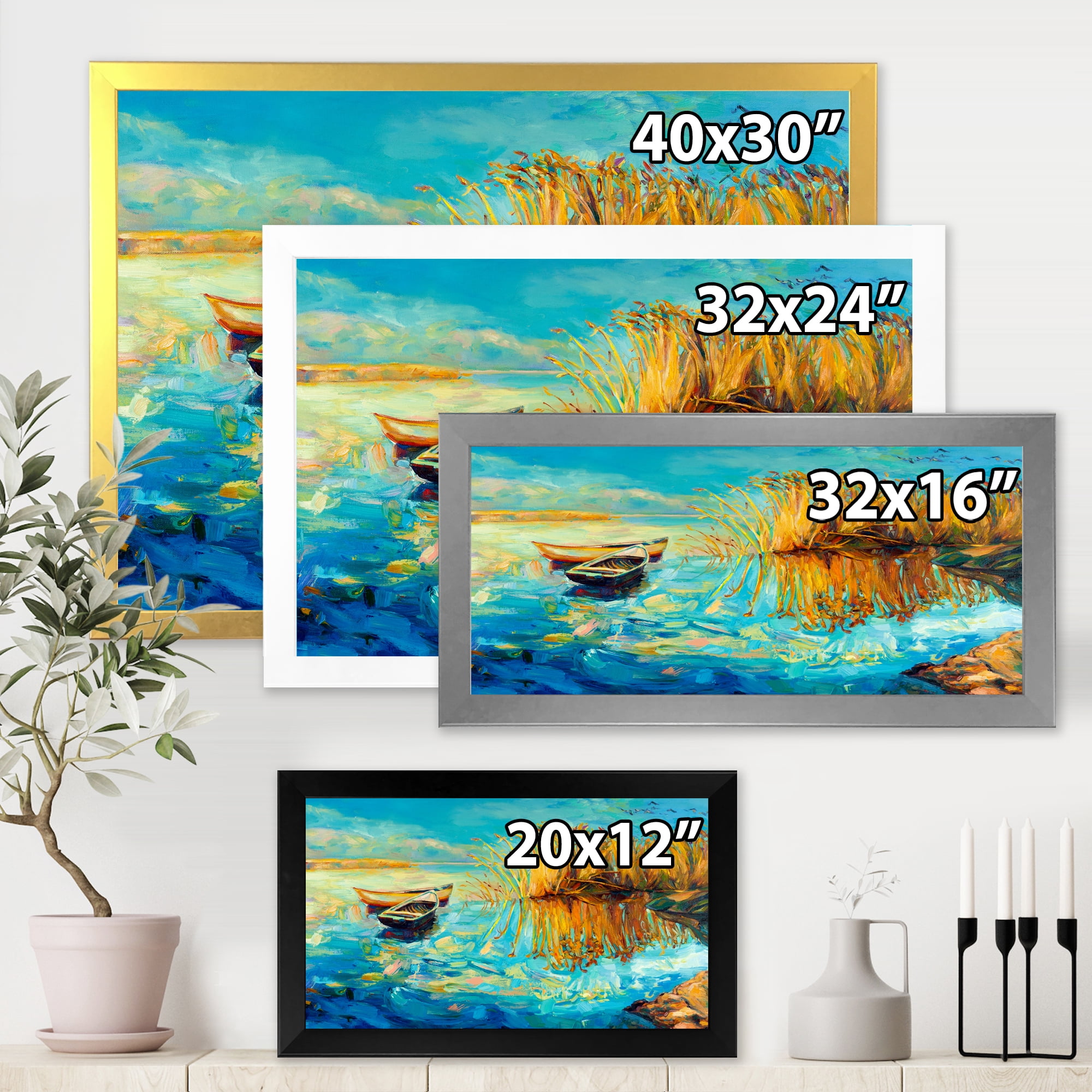 Orange Trees With Turquoise Lake During Sunset 32 in x 16 in Framed Painting Canvas Art Print, by Designart