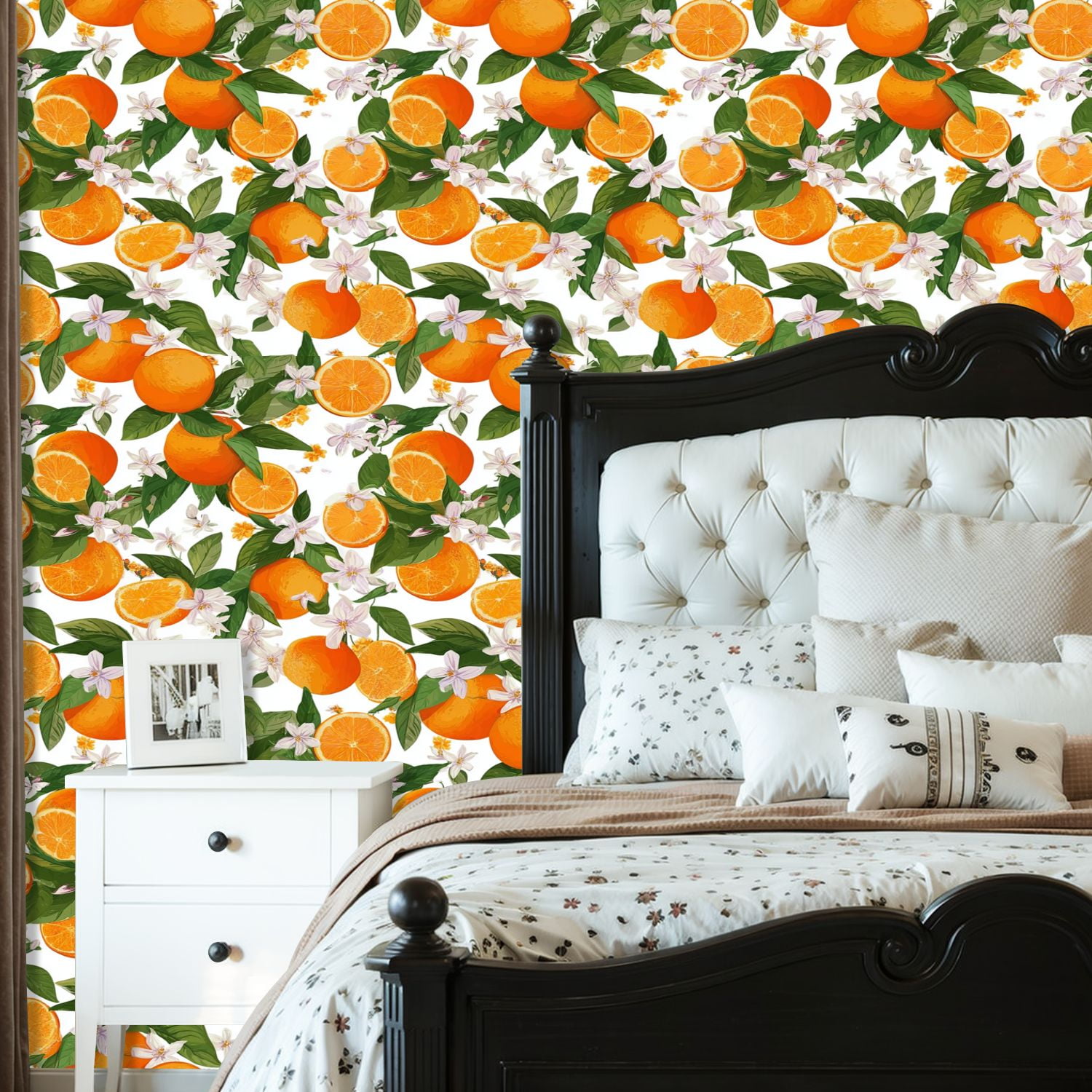 Vintage Peel and Stick Wallpaper Citrus Orange Blossoms Green Leaves Wall Mural 23.6in x 9.8ft Self Adhesive Removable Wall Paper Renter Friendly Wallpaper for Nursery Bedroom Cabinets