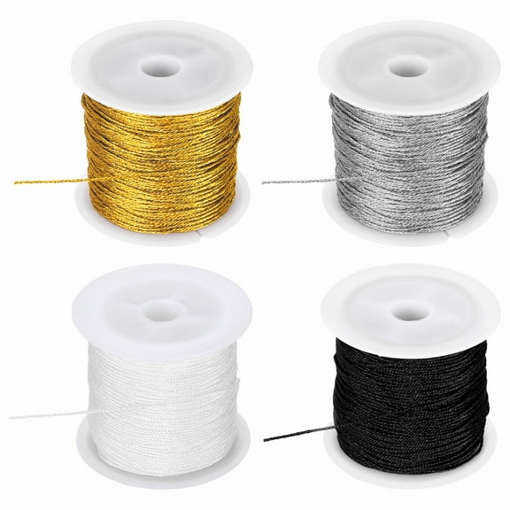 Uxcell 4 Roll 0.8mm Metallic Cords Thread,12 Ply Metallic Ornament Twine Non Stretch Tinsel String Rope for Jewelry Making Gift Wrapping, White/Silver Tone/Black/Gold Tone, 109.36Yards Total