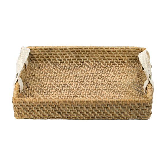 Woven Tray with Handles - Decorative Serving Tray, Natural & White Finish, Skid-Proof Design
