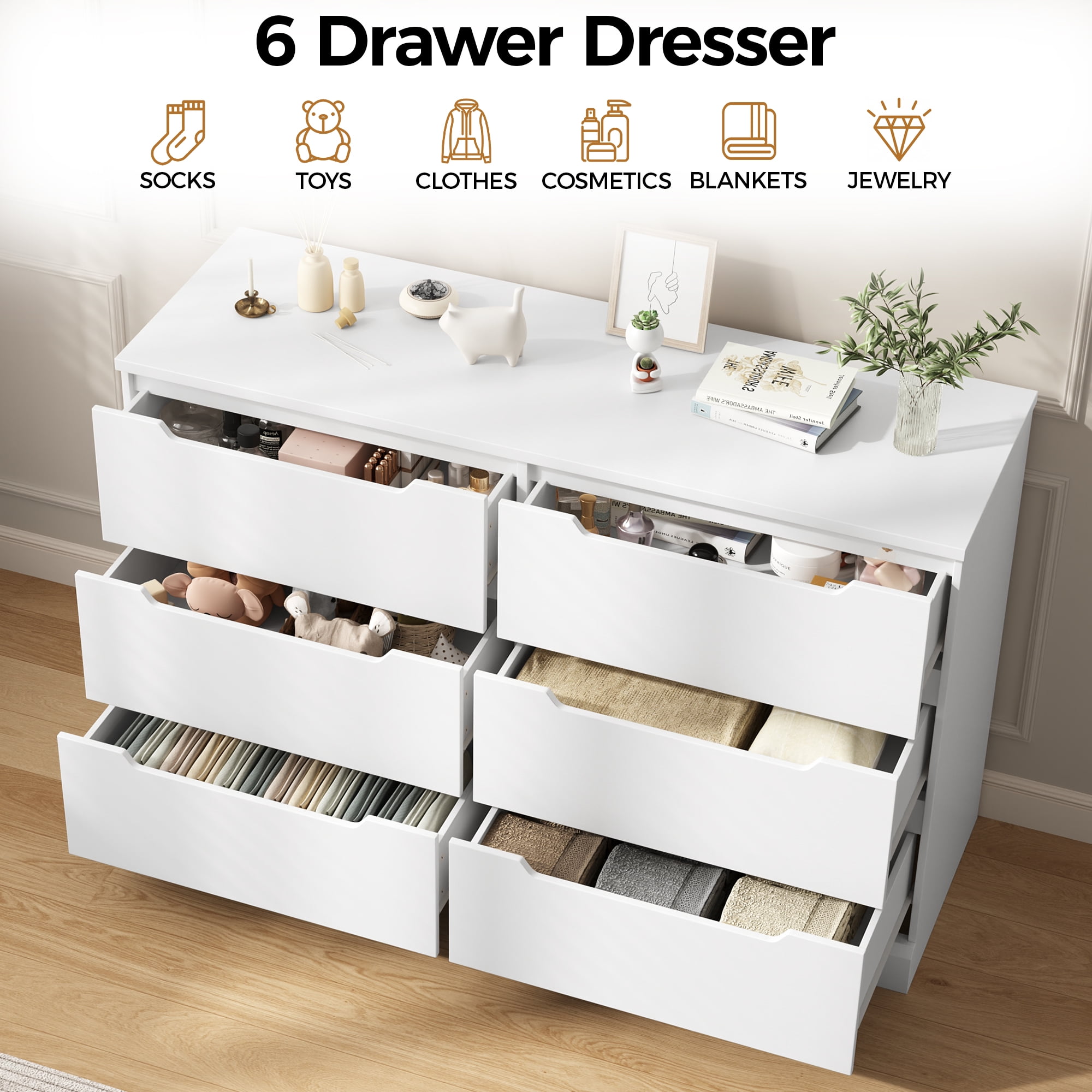 White Dresser 6 Drawer Dresser for Bedroom Modern Wooden Closet Double Dresser Closet Living Room Hallway Entryway Dressing Room