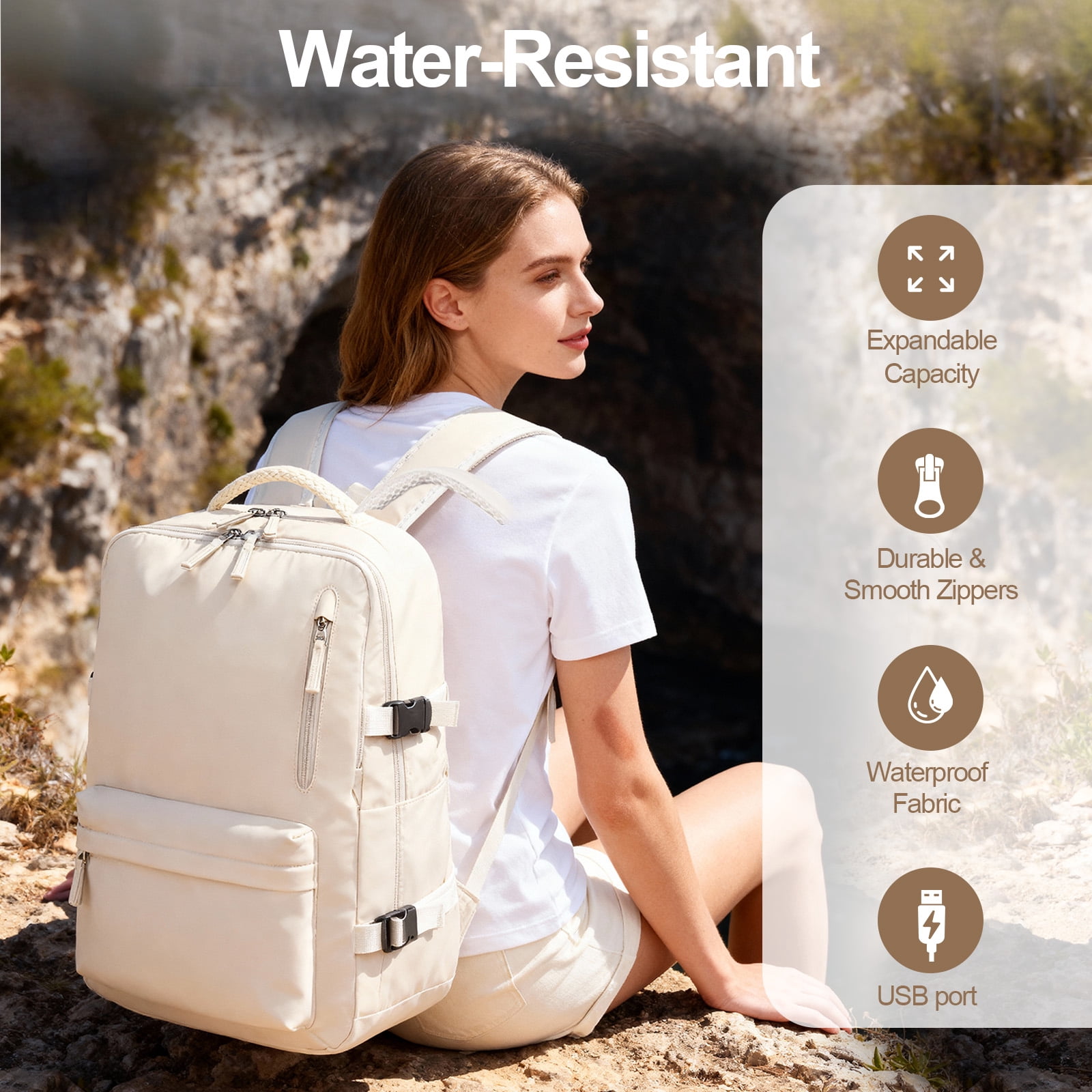Fenbeli Expandable Travel Laptop Backpack, Fits 15.6-Inch Laptop, Water-Resistant Backpack with USB Charging Port, Anti-Theft Pocket & Luggage Strap