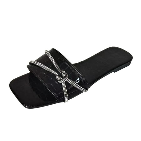 

Cathalem Ladies Fashion Summer Leather Rhinestone Decorative Square Toe Open Toe Flat Sandals Black 39