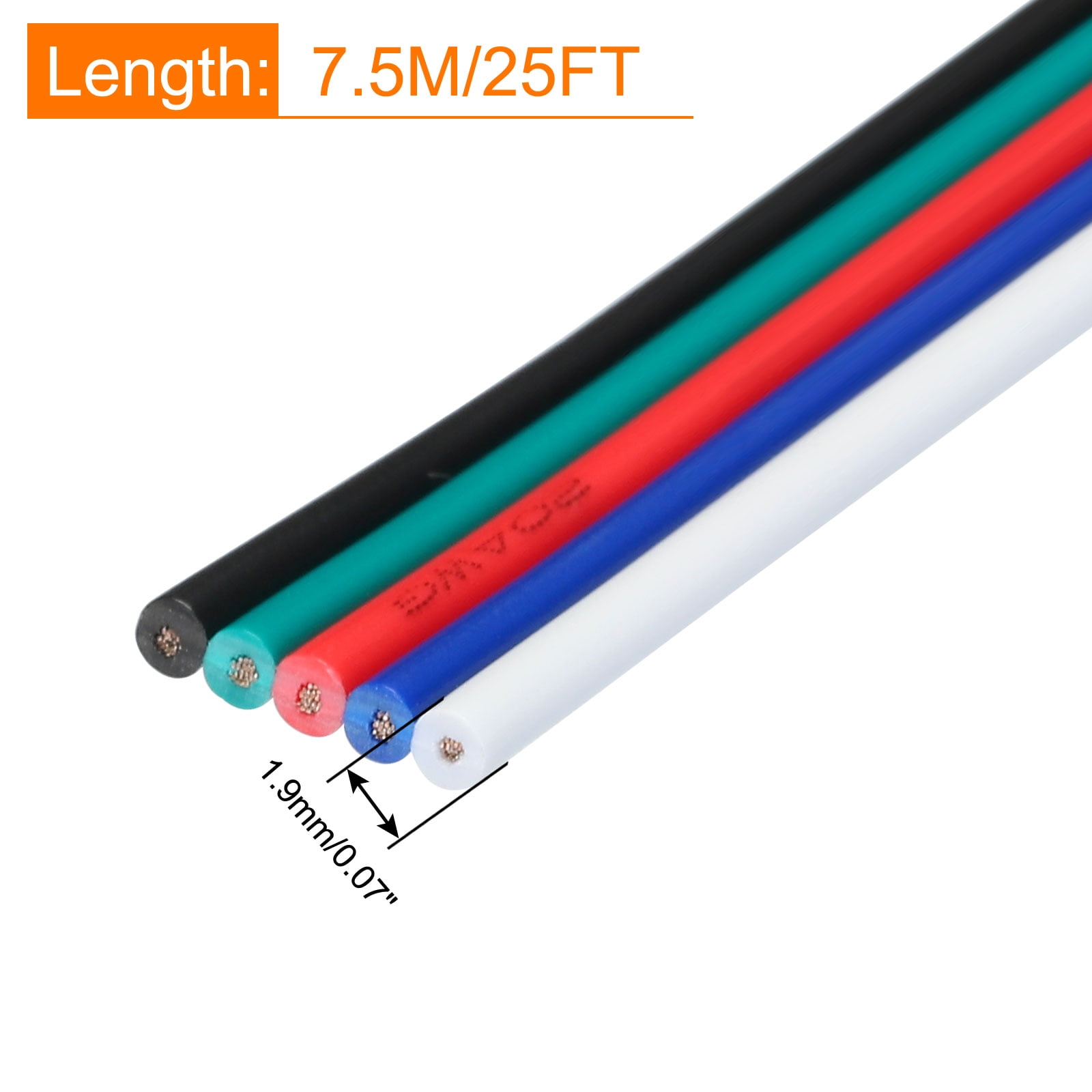 Uxcell 20 Gauge 5 Conductor Electrical Wire Tinned Copper Cable 25FT Stranded Wire for LED Strips Lamps Residential Wiring